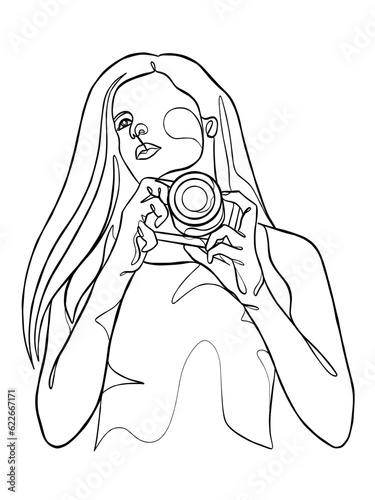 Continuous one line drawing of woman with camera. Vector illustration.
