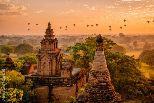 Bagan Myanmar  Sunrise above temples and pagodas of Bagan Myanmar  Sunrise Pagan Myanmar temple and pagoda