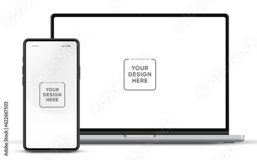 Modern laptop mockup front view and smartphone mockup high quality isolated on white background. Notebook mockup and phone device mockup for ui ux app and website presentation Stock Vector.