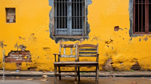 A wooden chair sitting in front of a yellow wall. Generative AI image.