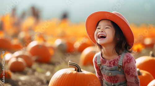 Happy smiling kid go Pumpkin picking
