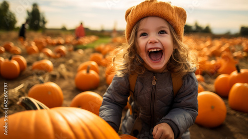 Foto Happy smiling kid go Pumpkin picking