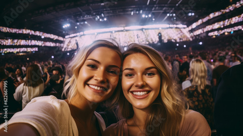 Canvas Print Selfie image of two young women at a concert in a giant indoor arena