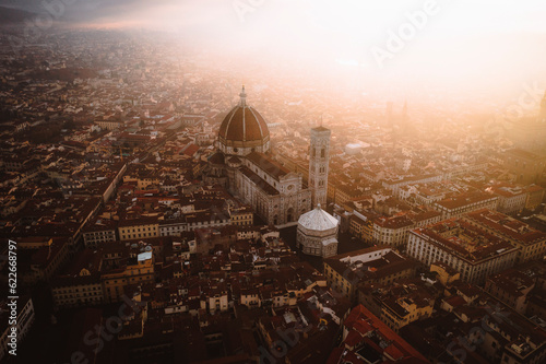 Aerial view of Santa Maria del Fiore Cathedral at sunrise, Florence, Italy.