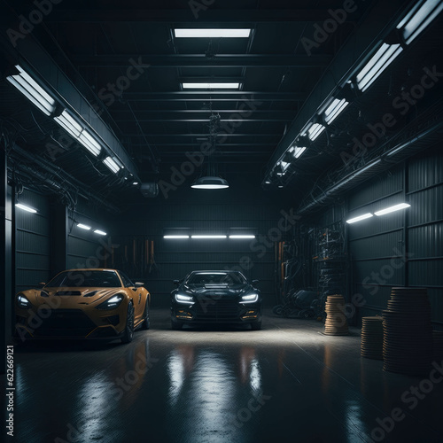 Dark Industrial Garage For Cars  Hallway Tunnel With metal Doors  Glowing Lights  Generative AI