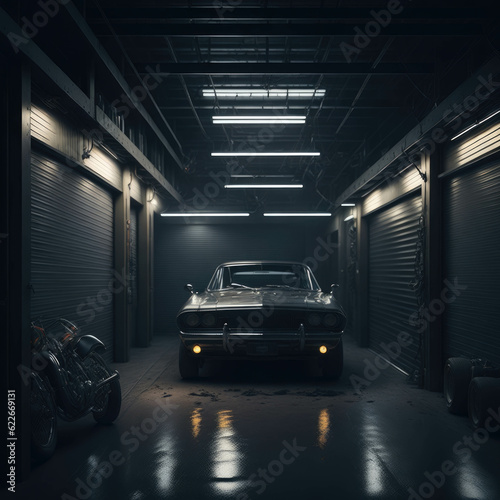 Dark Industrial Garage For Cars, Hallway Tunnel With metal Doors, Glowing Lights, Generative AI © Phoenix_Renders