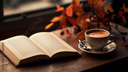 Foto autumn scene cup of coffee and book on the table, AI Generative