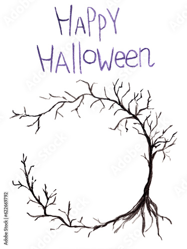 Hand drawn watercolor round frame with black creepy tree without leaves with copy space in the middle.Isolated,handwritten words "happy halloween"