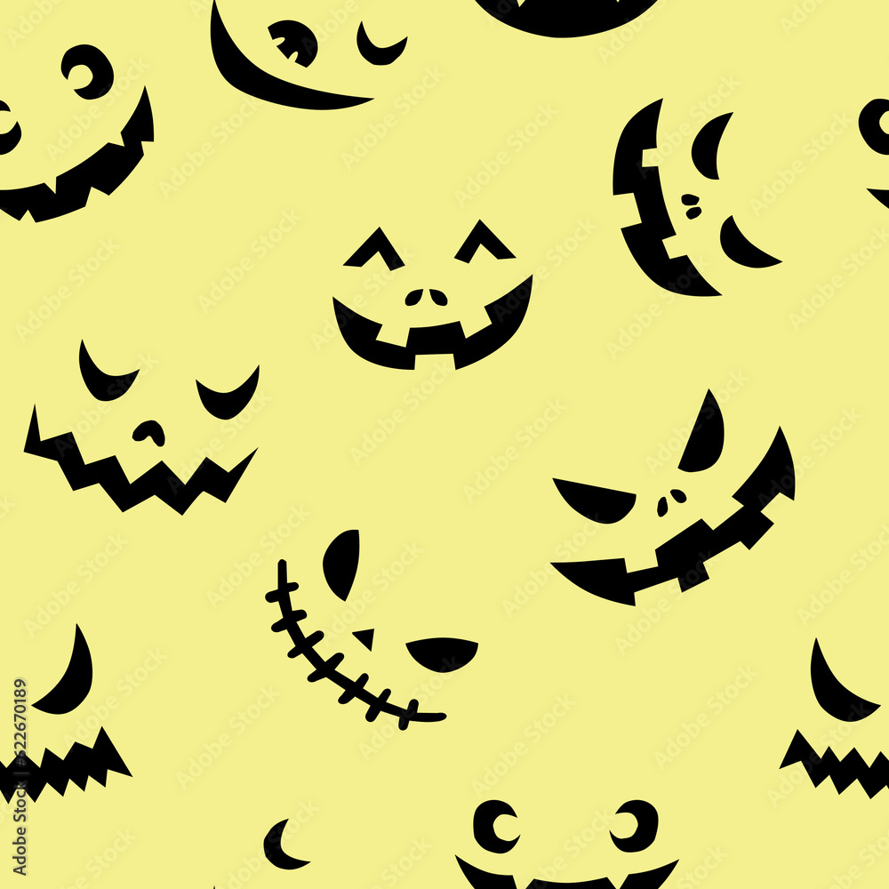 Line art doodle simple seamless pattern with different spooky creepy funny eyes and smiles halloween party backdrop.On yellow background Line art doodle simple seamless pattern with different spooky creepy funny eyes and smiles halloween party backdrop.On yellow background