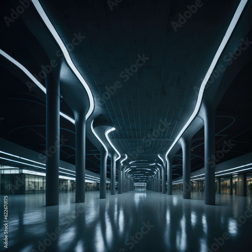 Futuristic Mall Parking Place With Columns  Empty  Glowing Led Lights  No Cars  Generative AI