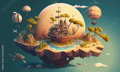 fantastic island hanging in the air. Vector illustration