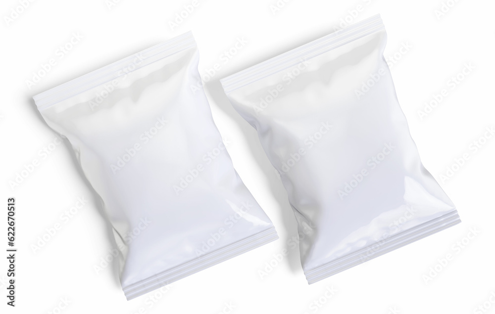 Potato chips packaging white color and rendered with 3D software Potato chips packaging white color and rendered with 3D software
