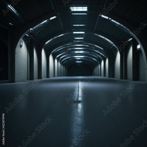 Dark Futuristic Large Room With Round Columns, Wet Concrete Asphalt, Parking For Future Cars, Generative AI