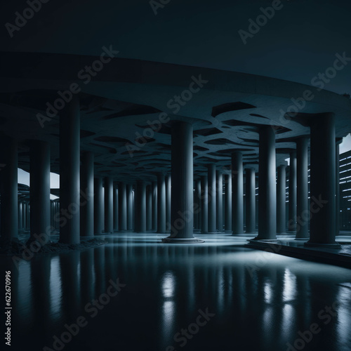 Dark Futuristic Large Room With Round Columns, Wet Concrete Asphalt, Parking For Future Cars, Generative AI © Phoenix_Renders