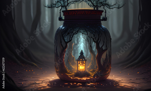 old magical horror forest in big glass bottle in the dark background