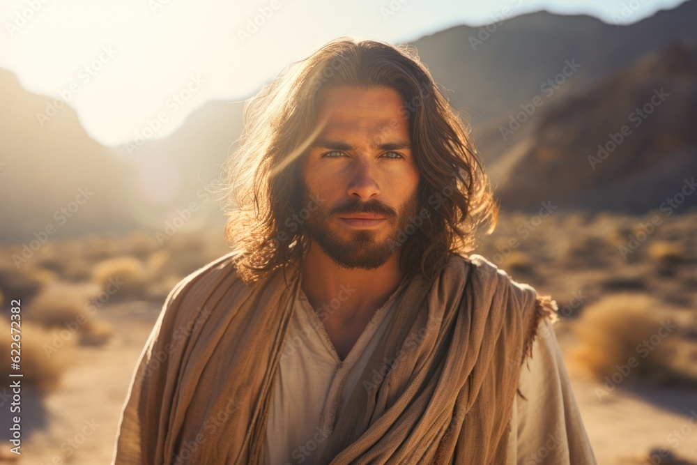Jesus Christ in the desert of temptation facing his enemy Generative AI Illustration Jesus Christ in the desert of temptation facing his enemy Generative AI Illustration