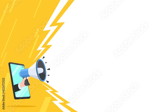 Flyer Smartphone and hand hold Megaphone speaker for announce, advertising, promotion, and Grand sale. Vector illustration for retail shopping online marketing template, banner, poster, and background