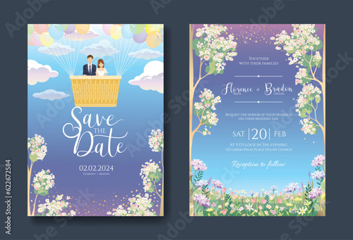 Wedding Invitation, save the date, card template. Vector. The newlyweds ride a balloon in the sky. In the background is a field of flowers and trees that are blooming.