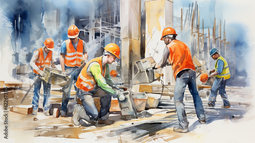 A vibrant watercolor illustration of a group of workmen wearing safety helmets and reflective vests, gathered together in a construction site, AI-Generated
