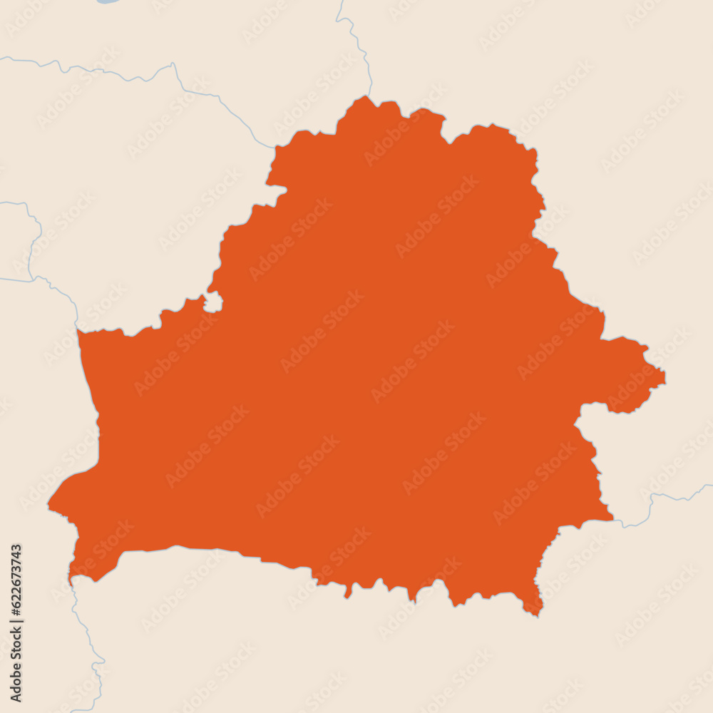 Map of the country of Belarus highlighted in orange isolated on a beige blue background