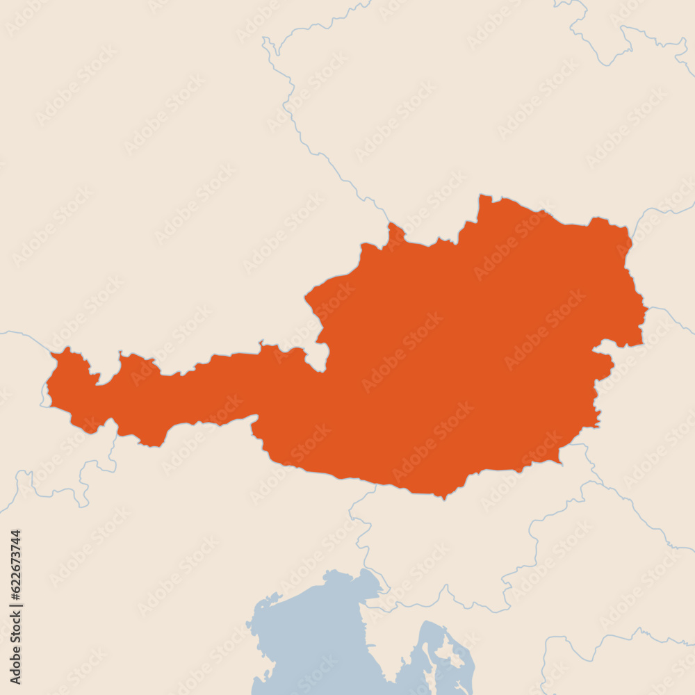 Map of the country of Austria highlighted in orange isolated on a beige blue background Map of the country of Austria highlighted in orange isolated on a beige blue background