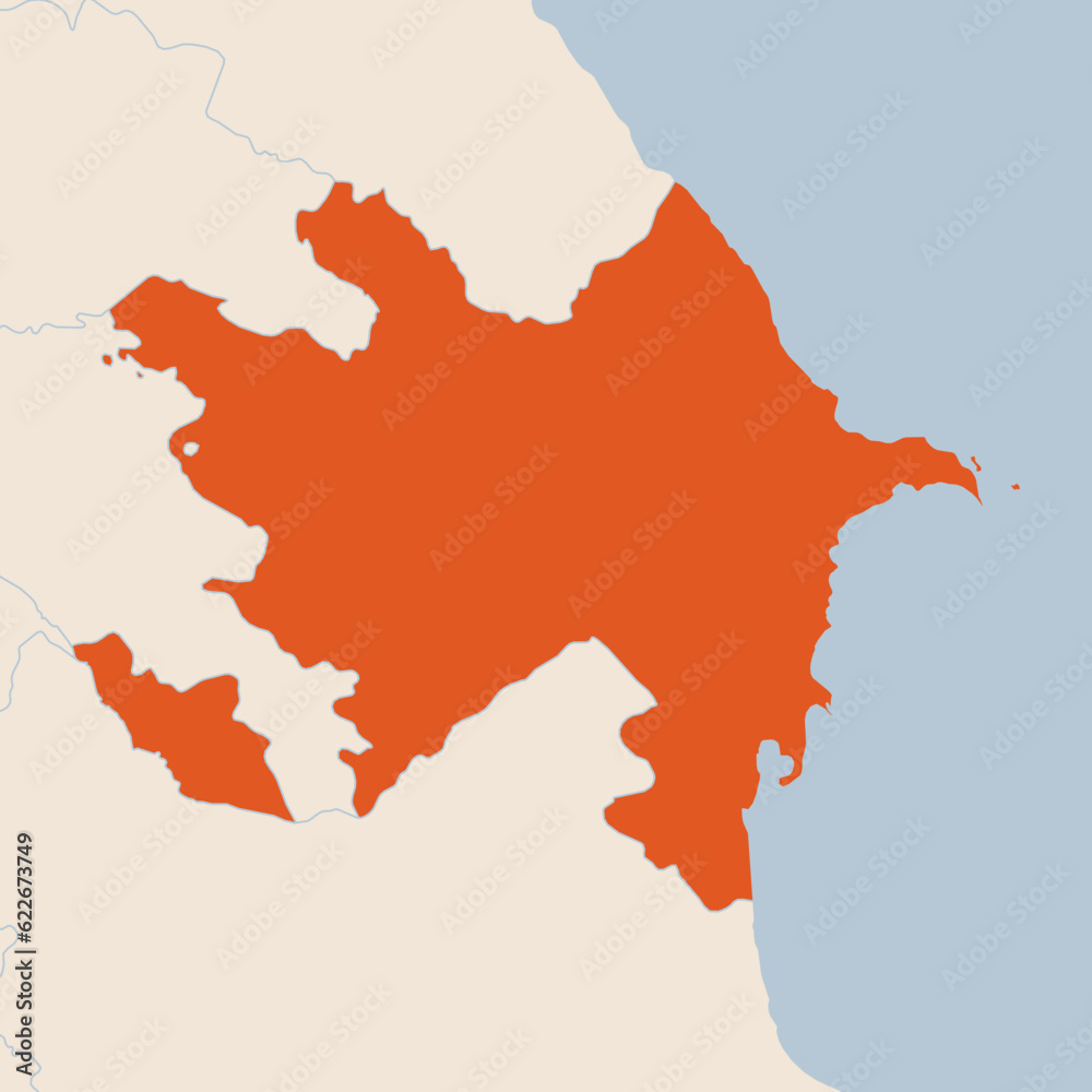 Map of the country of Azerbaijan highlighted in orange isolated on a beige blue background Map of the country of Azerbaijan highlighted in orange isolated on a beige blue background