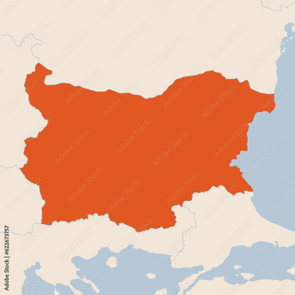 Map of the country of Bulgaria highlighted in orange isolated on a beige blue background Map of the country of Bulgaria highlighted in orange isolated on a beige blue background