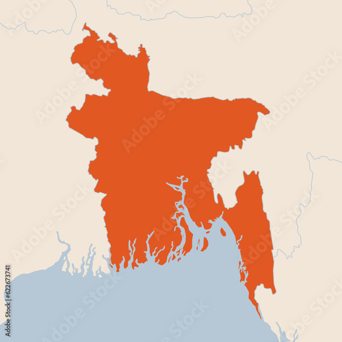 Map of the country of Bangladesh highlighted in orange isolated on a beige blue background