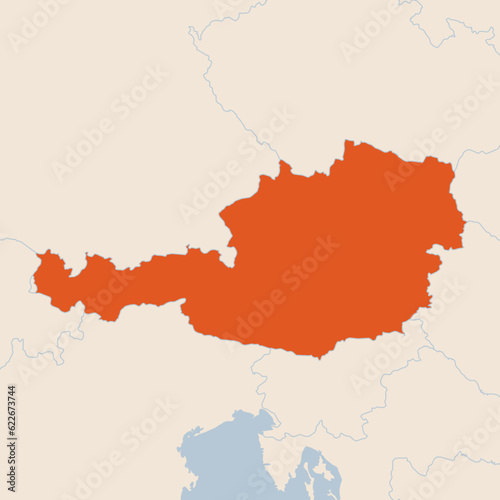 Map of the country of Austria highlighted in orange isolated on a beige blue background