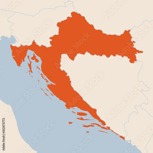 Map of the country of Croatia highlighted in orange isolated on a beige blue background