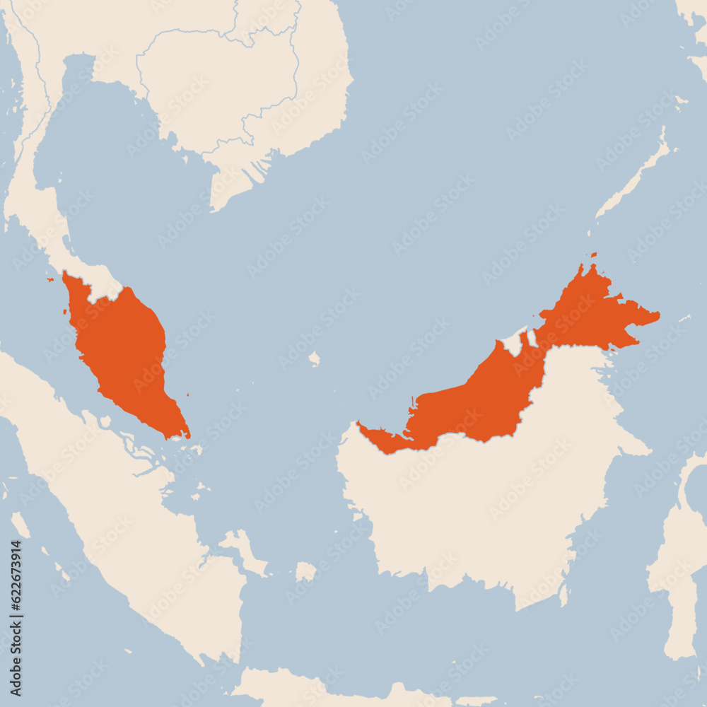 Fototapeta premium Map of the country of Malaysia highlighted in orange isolated on a beige blue background