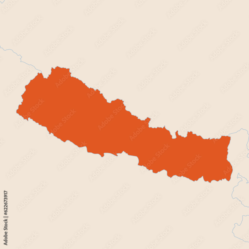 Map of the country of Nepal highlighted in orange isolated on a beige blue background