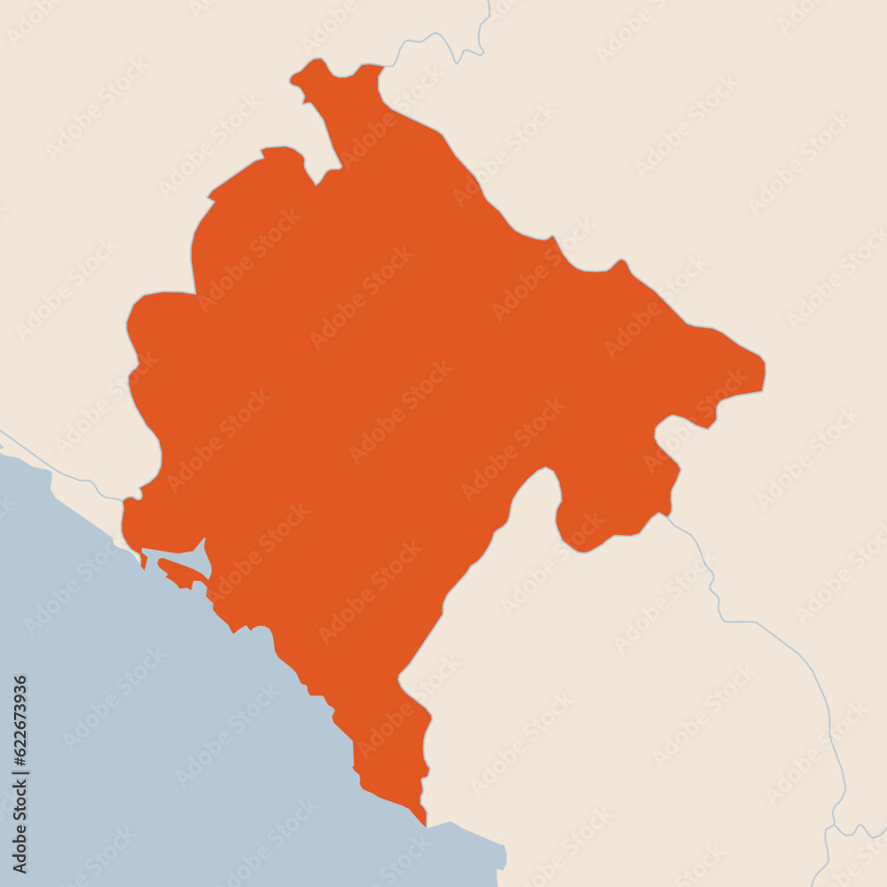 Map of the country of Montenegro highlighted in orange isolated on a beige blue background