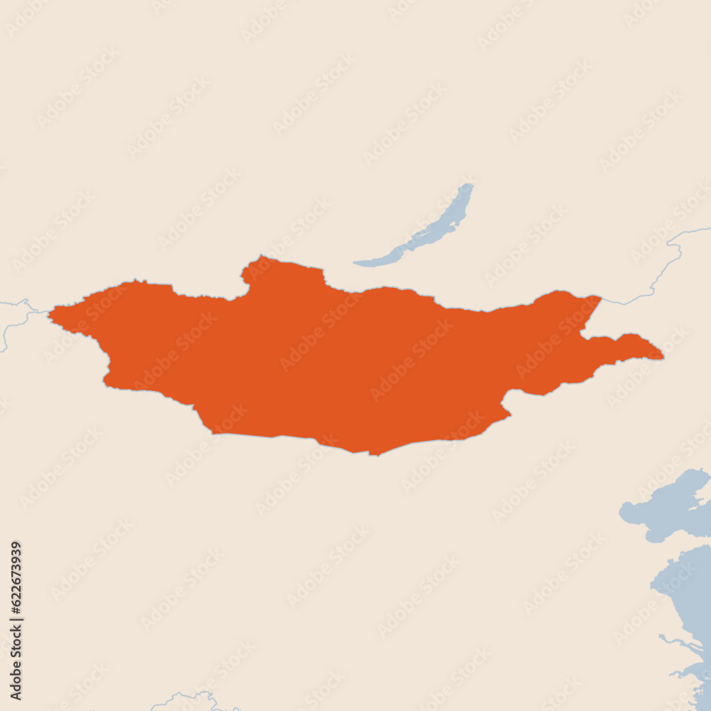 Map of the country of Mongolia with neighbours Orange on Beige wgs highlighted in orange isolated on a beige blue background