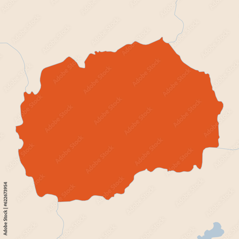 Map of the country of Macedonia highlighted in orange isolated on a beige blue background