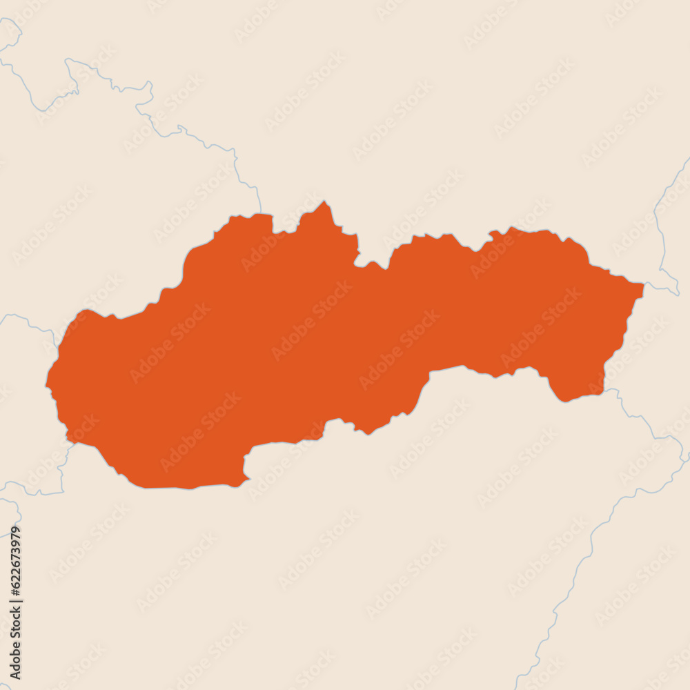 Map of the country of Slovakia highlighted in orange isolated on a beige blue background