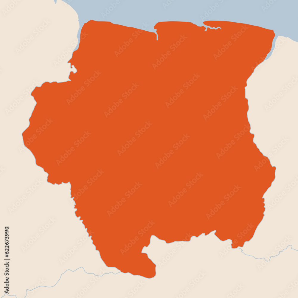 Map of the country of Suriname highlighted in orange isolated on a beige blue background