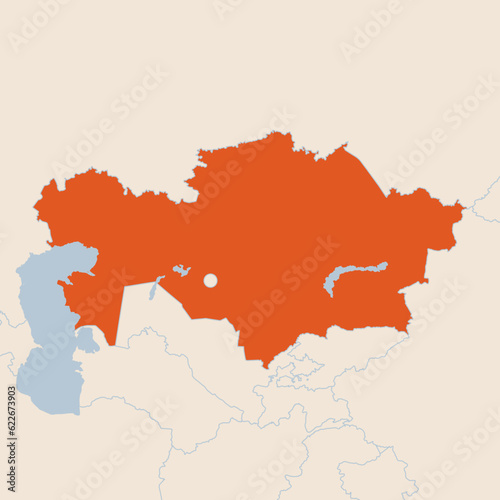 Map of the country of Kazakhstan highlighted in orange isolated on a beige blue background