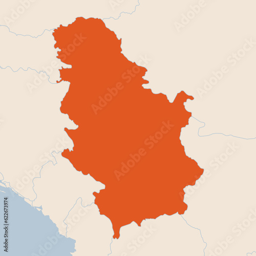 Map of the country of Republic of Serbia highlighted in orange isolated on a beige blue background