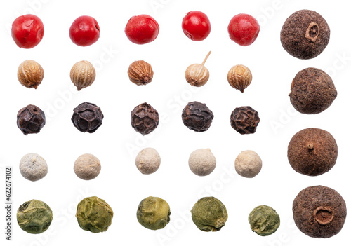 Collection of different peppercorns on white background. File contains clipping paths.