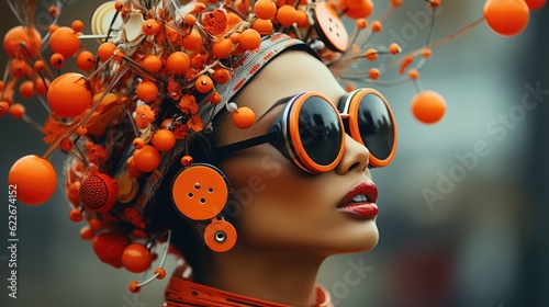 A mannequin wearing sunglasses and a headpiece with orange berries on it. Generative AI image.