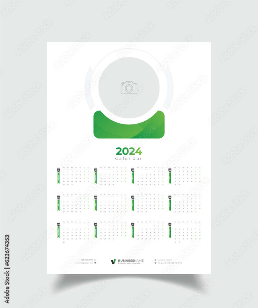 Naklejka premium Modern Wall Calendar 2024, One page Wall Calendar 2024