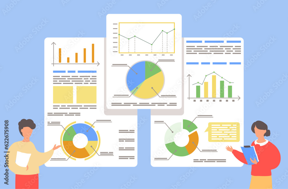 Man and woman analysing graphs, diagram, charts, pie charts at white boards. Cartoon characters presenting financial plans. Workers presenting graphical analysis. People isolated at blue background