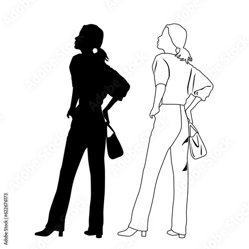 Vector silhouette of woman standing with a bag, profile, linear sketch, business people, black color, isolated on white background