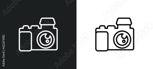 digital photo camera outline icon in white and black colors. digital photo camera flat vector icon from technology collection for web, mobile apps and ui.