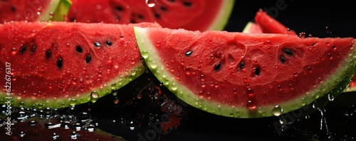 Easy slide fresh of watermelon on dark background with water drops, summer panorama. Generative Ai.