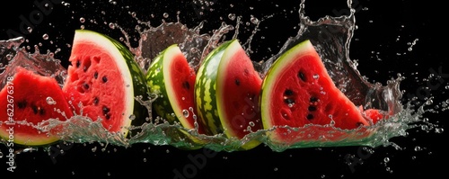 Easy slide fresh of watermelon on dark background with water drops, summer panorama. Generative Ai.