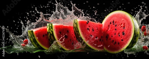 Easy slide fresh of watermelon on dark background with water drops, summer panorama. Generative Ai.