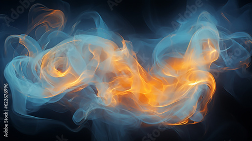 Generative AI image of abstract blue-yellow smoke movement backdrop: Harmonious swirls of azure and golden hues blend and flow, conjuring a vibrant dreamscape that radiates both serenity and energy.