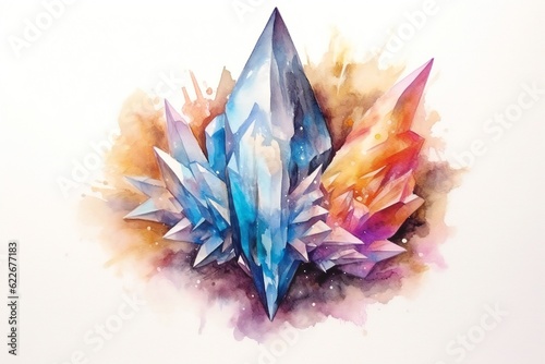 Fantasy watercolor crystal on white background Generative AI 